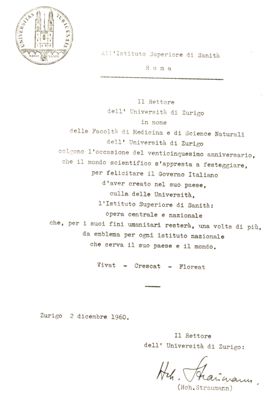 Diplomi,Attestati ecc. Offerti al Prof. Marotta in occasione del 25° anno della Fondazione dell'Istituto Superiore di Sanità - attestato consegnato dall'Università di Zurigo