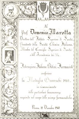 Diplomi,Attestati ecc. Offerti al Prof. Marotta in occasione del 25° anno della Fondazione dell'Istituto Superiore di Sanità - attestato di consegna della "Medaglia Guareschi