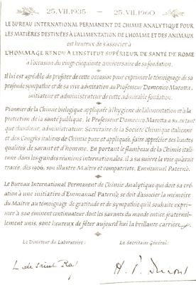 Diplomi,Attestati ecc. Offerti al Prof. Marotta in occasione del 25° anno della Fondazione dell'Istituto Superiore di Sanità - attestato dell'Istituto Bureau