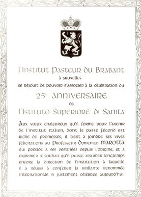 Diplomi,Attestati ecc. Offerti al Prof. Marotta in occasione del 25° anno della Fondazione dell'Istituto Superiore di Sanità - attestato dell'Istituto Pasteur du Brabant