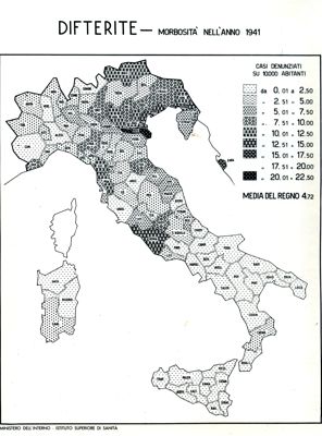 Cartogramma riguardante la morbosità per difterite nell'anno 1941