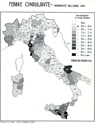 Cartogramma riguardante la morbosità per febbre ondulante nell'anno 1941