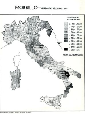 Cartogramma riguardante la morbosità per morbillo nell'anno 1941