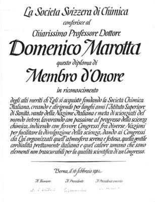 Diploma di Membro d'Onore al Prof. Domenico Marotta da parte della Società Svizzera di Chimica, Berna 16/02/1962