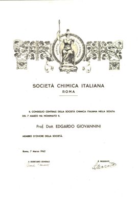 Diploma di Membro d'Onore al Prof. Edgardo Giovannini da parte della Società Chimica Italiana, Roma 07/03/1962