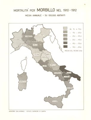 Cartogramma riguardante la mortalità per morbillo nel periodo: 1910-1912