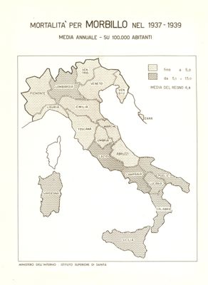 Cartogramma riguardante la mortalità per morbillo nel periodo: 1937-1939