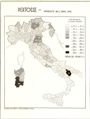 Cartogramma riguardante la morbosità per pertosse nell'anno 1945