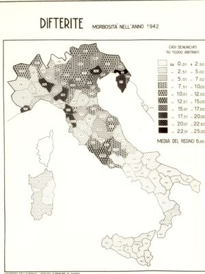 Cartogramma riguardante la morbosità per difterite nell'anno 1942