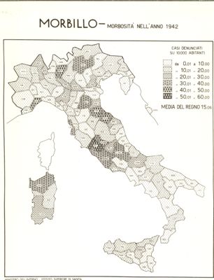 Cartogramma riguardante la morbosità per morbillo nell'anno 1942