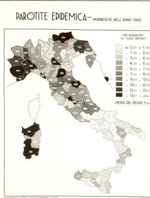 Cartogramma riguardante la morbosità per parotite Epidemica nell'anno 1942