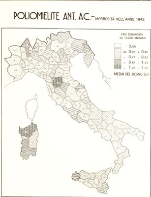 Cartogramma riguardante la morbosità per poliomielite Ant. Ac. nell'anno 1942