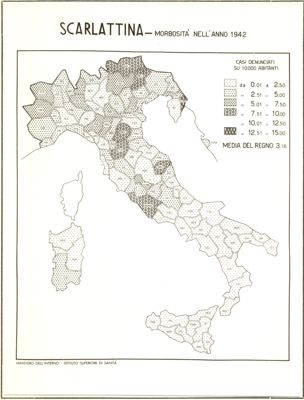 Cartogramma riguardante la morbosità per scarlattina nell'anno 1942