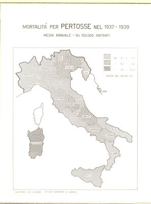 Cartogramma riguardante la mortalità per pertosse nel periodo 1937-1939