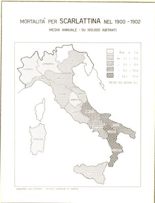 Cartogramma riguardante la mortalità per scarlattina nel periodo 1900-1902