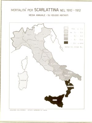 Cartogramma riguardante la mortalità per scarlattina nel periodo 1910-1912