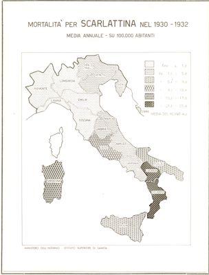 Cartogramma riguardante la mortalità per scarlattina nel periodo 1930-1932