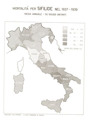 Cartogramma riguardante la mortalità per sifilide nel periodo 1937-1939