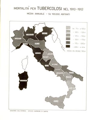 Cartogramma riguardante la mortalità per tubercolosi nel periodo 1910-1912