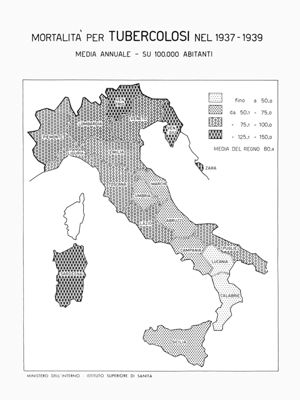 Cartogramma riguardante la mortalità per tubercolosi nel periodo1937-1939