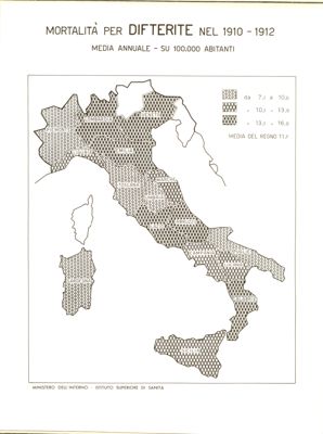 Cartogramma riguardante la mortalità per difterite nel periodo 1910-1912