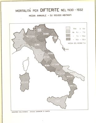 Cartogramma riguardante la mortalità per difterite nel periodo 1930-1932