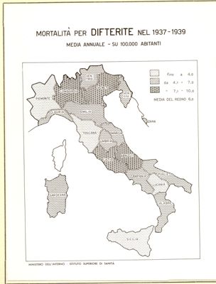 Cartogramma riguardante la mortalità per difterite nel periodo 1937-1939