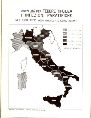 Cartogramma riguardante la mortalità per febbre tifoidea e infezioni paratifiche nel periodo 1900-1902