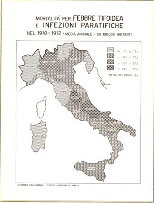 Cartogramma riguardante la mortalità per febbre tifoidea e infezioni paratifiche nel periodo 1910-1912