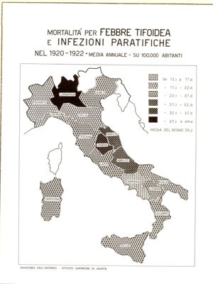 Cartogramma riguardante la mortalità per febbre tifoide e infezioni paratifiche nel periodo 1920-1922