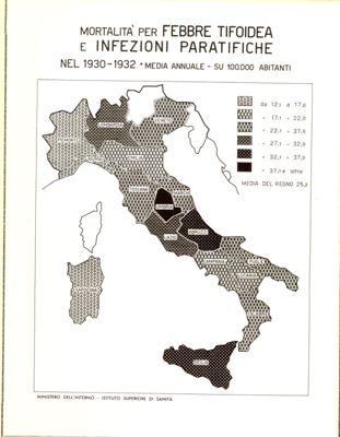 Cartogramma riguardante la mortalità per febbre tifoide e infezioni paratifiche nel periodo 1930-1932