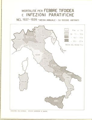 Cartogramma riguardante la mortalità per febbre tifoide e infezioni paratifiche nel periodo 1937-1939