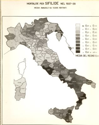 Cartogramma riguardante la mortalità per sifilide nel periodo 1937-49