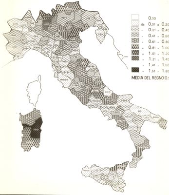 Cartogramma riguardante la mortalità per pertosse nel periodo 1937-39