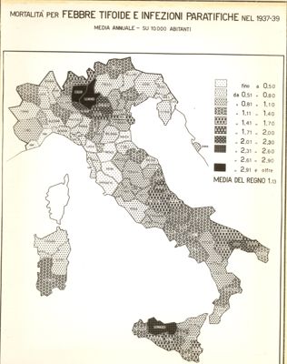 Cartogramma riguardante la mortalità per febbre tifoide e infezioni paratifiche nel periodo 1937-39