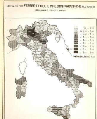 Cartogramma riguardante la mortalità per febbre tifoide e infezioni paratifiche nel periodo 1940-1941