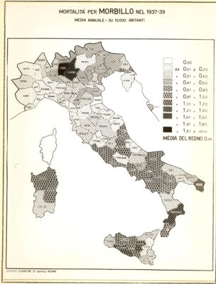 Cartogramma riguardante la mortalità per morbillo nel periodo 1937-1939