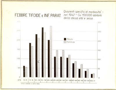 Diagramma riguardante i quozienti specifici di morbosità nel 1942 per febbre tifoide e infezioni paratifiche