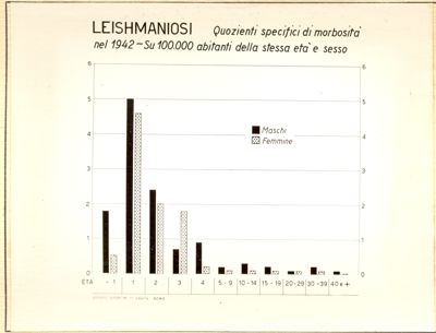 Diagramma riguardante i quozienti specifici di morbosità  nel 1942  per Leishmaniosi