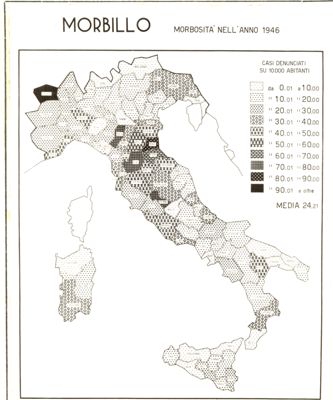 Cartogramma riguardante la morbosità per morbillo nell'anno 1946