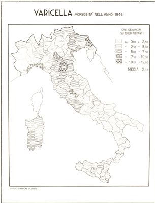 Cartogramma riguardante la morbosità per varicella, nell'anno 1946