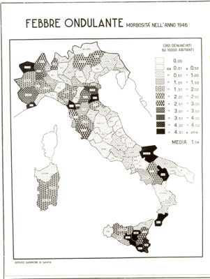 Cartogramma riguardante la morbosità per febbre ondulante nell'anno 1946