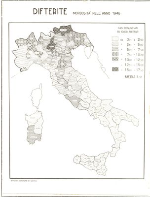 Cartogramma riguardante la morbosità per difterite nell'anno 1946