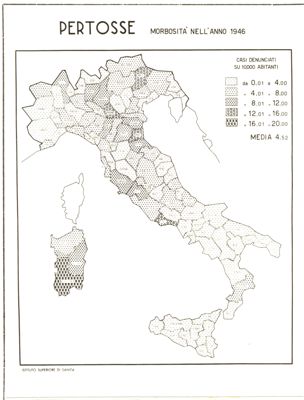 Cartogramma riguardante la morbosità per pertosse nell'anno 1946