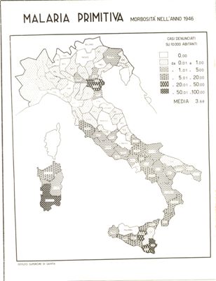 Cartogramma riguardante la morbosità per malaria Primitiva nell'anno 1946