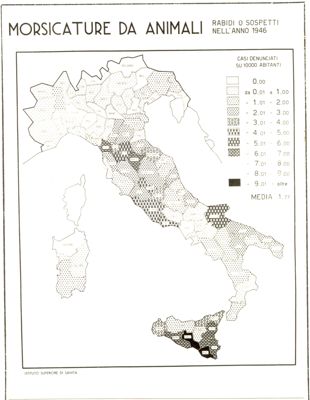 Cartogramma riguardante la morbosità per morsicatura da animali, nell'anno 1946