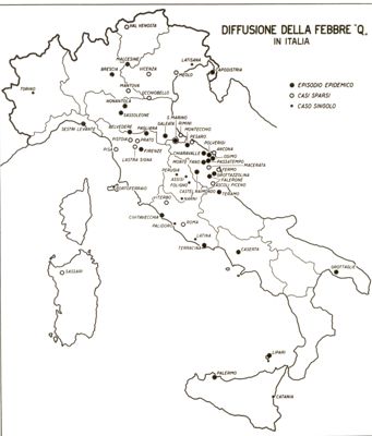 Cartogramma riguardante la diffusione della febbre Q in Italia