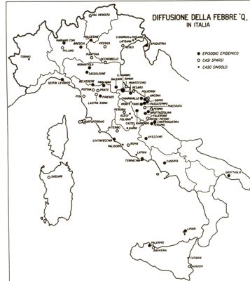 Cartogramma riguardante la diffusione della febbre Q in Italia