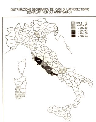 Cartogramma riguardante la distribuzione dei casi di Latrodectismo segnalati per gli anni 1949-51