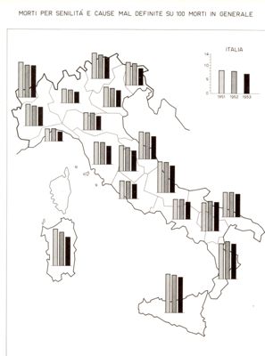 Cartogramma riguardante la mortalità per senilità e cause mal definite su 100 morti in generale